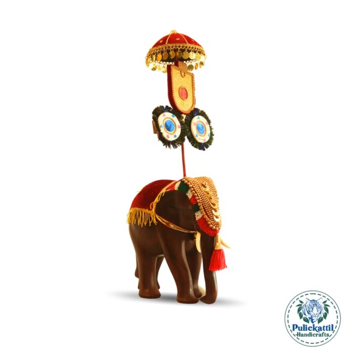 Traditional Wooden Elephant with Decorative Umbrella - Image 2