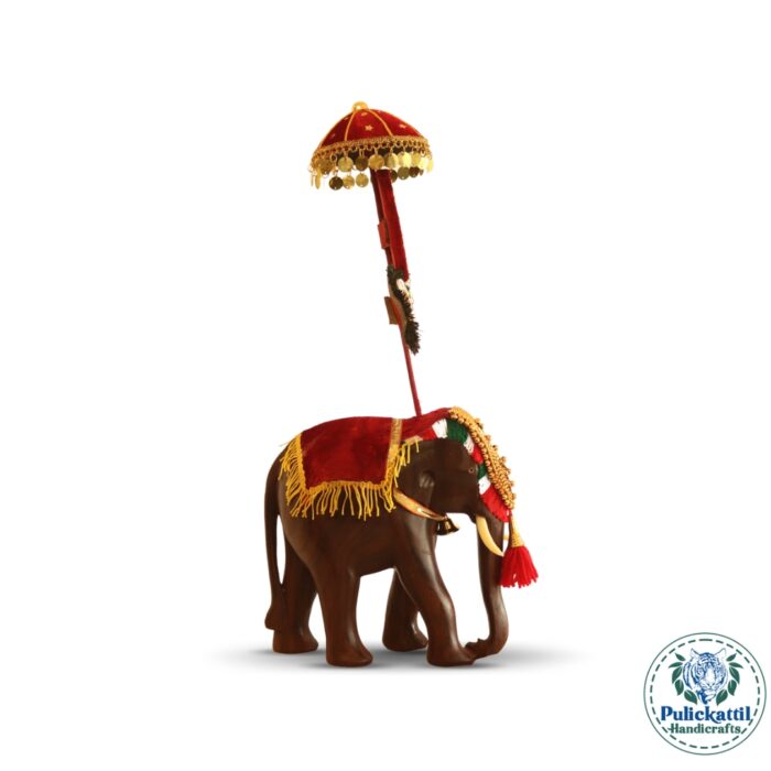 Traditional Wooden Elephant with Decorative Umbrella - Image 3
