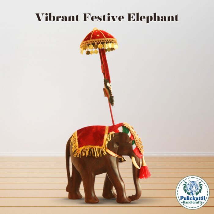 Traditional Wooden Elephant with Decorative Umbrella - Image 4