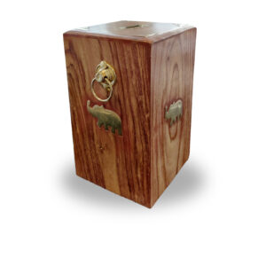 Handcrafted Wooden Money Bank with Brass Elephant Inlay | 6.5 inch Height | Piggy Bank for Kids & Adults (Natural Finish)