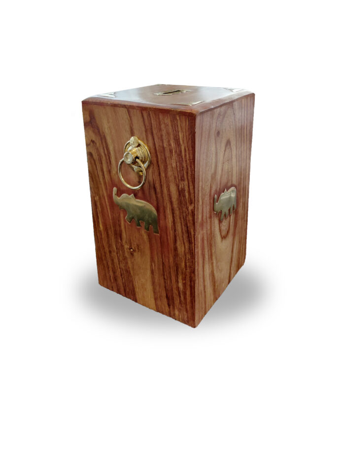 Handcrafted Wooden Money Bank with Brass Elephant Inlay | 6.5 inch Height | Piggy Bank for Kids & Adults (Natural Finish)
