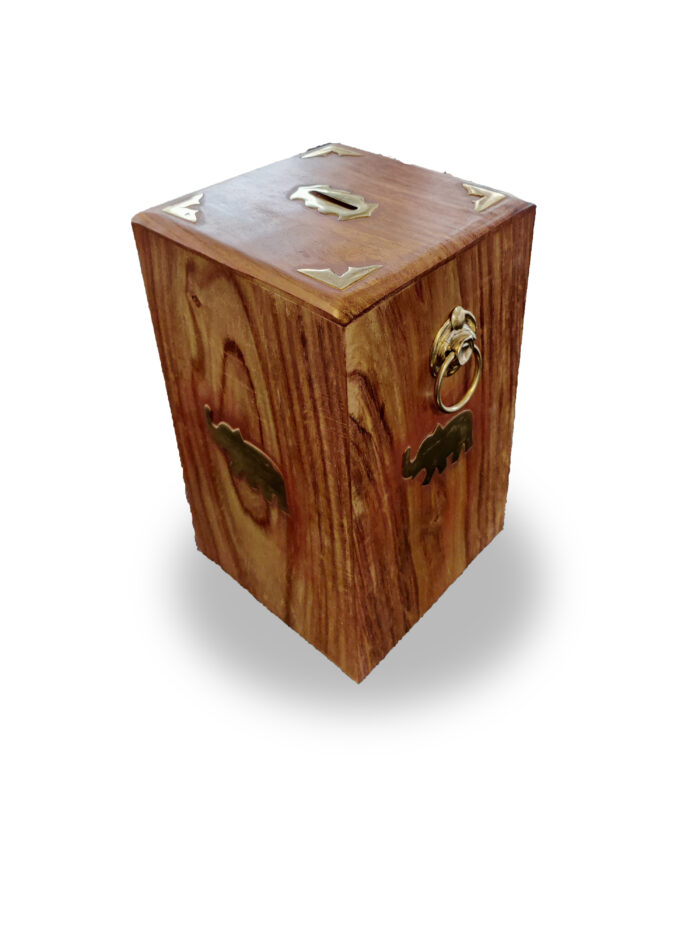 Handcrafted Wooden Money Bank with Brass Elephant Inlay | 6.5 inch Height | Piggy Bank for Kids & Adults (Natural Finish) - Image 4